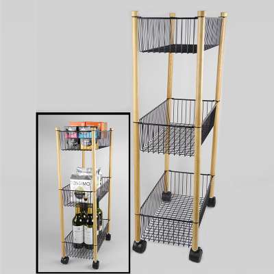 3-Tier Metal Wire Narrow Basket Trolley with Rubber Wood Tube