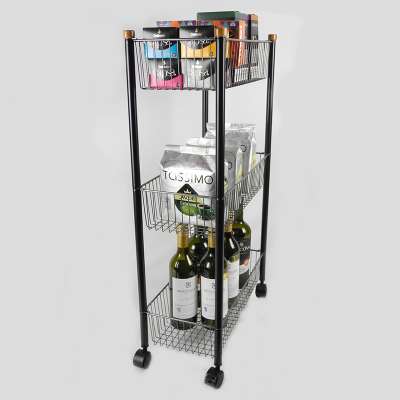 3-Tier Matte Black Metal Wire Narrow Basket Trolley Cart