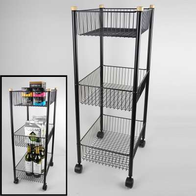 3-Tier Matte Black Metal Wire Basket Trolley Cart