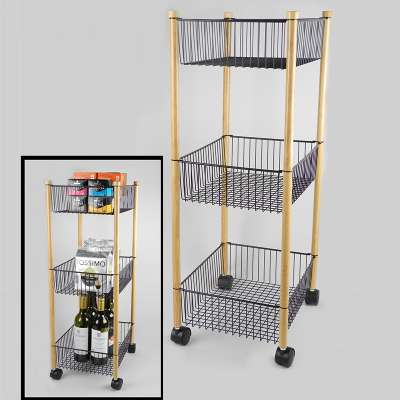 Black Metal Wire Basket Trolley Cart with Rubber Wood Tube